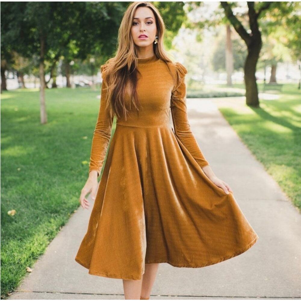 Ivy City Co Mustard Gold Velvet Midi Dress